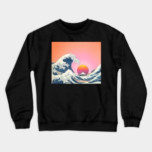 Retro Great Wave off Kanagawa with vintage rising sun and pastel sky Crewneck Sweatshirt